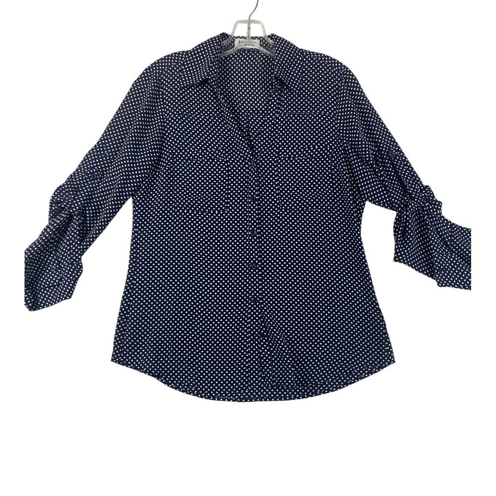 Express Portofino Shirt Women Sz S Blue Polka Dots Roll Tab Sleeve Lightweight